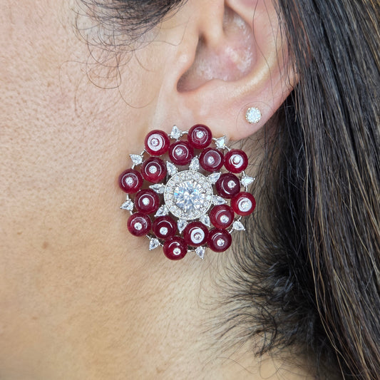 Red Bead Studded Zircon Earrings