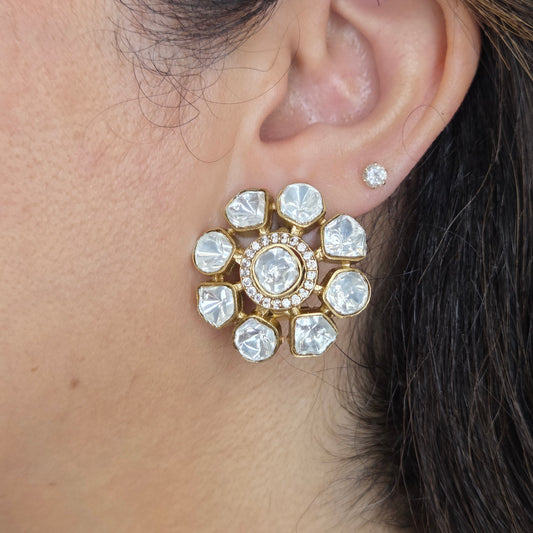 Floral Polki Studs in Gold Finish