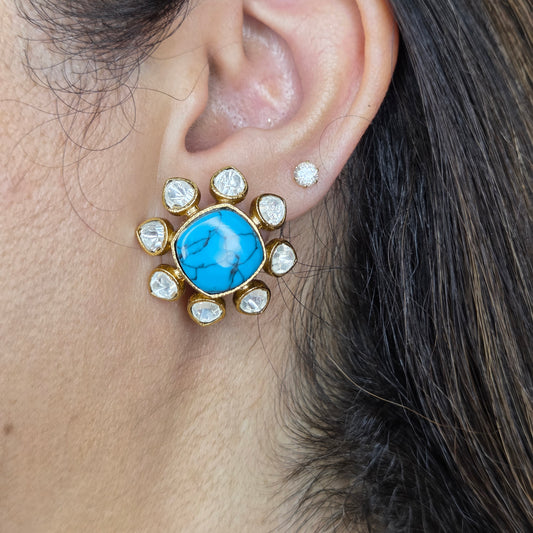 Turquoise Studs with Floral Polki Accents