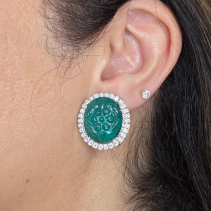 Carved Emerald Zircon Accented Studs