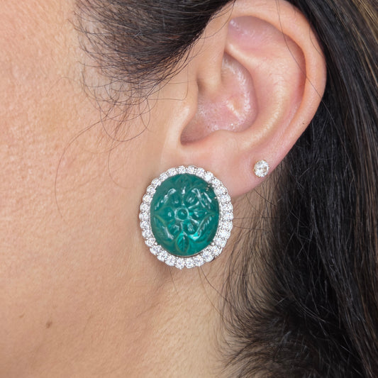 Carved Emerald Zircon Accented Studs
