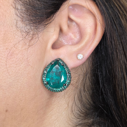 Green Crystal Earrings with Zircon Accented Halo