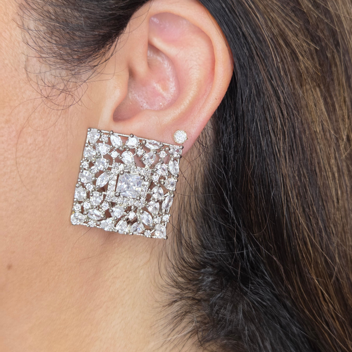 Square Studs with Fancy Cut Zircon Accents
