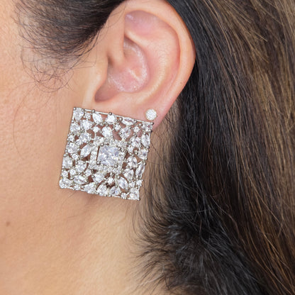 Square Studs with Fancy Cut Zircon Accents