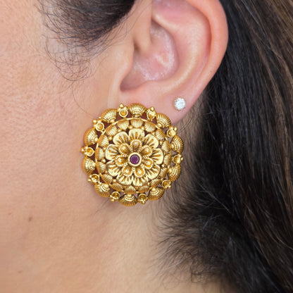 Gold Plated Mandala Floral Stud Earrings With Red Stone