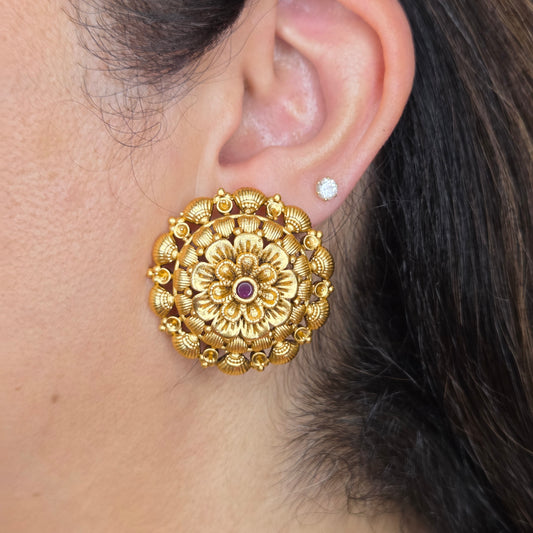 Gold Plated Mandala Floral Stud Earrings With Red Stone