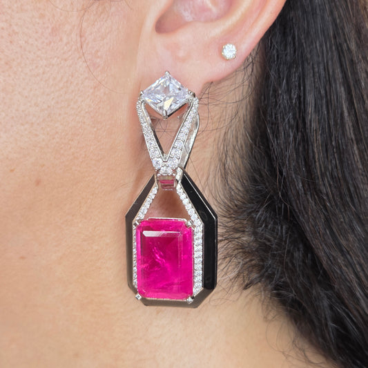 Zircon Studded Pink Stone Earrings with Black Enamel Accent