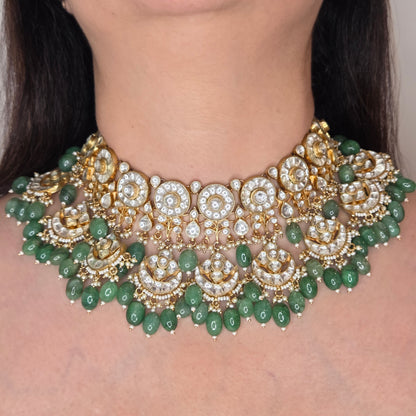 Kundan Necklace with Green Beads, with Matching Earrings and MaangTikka