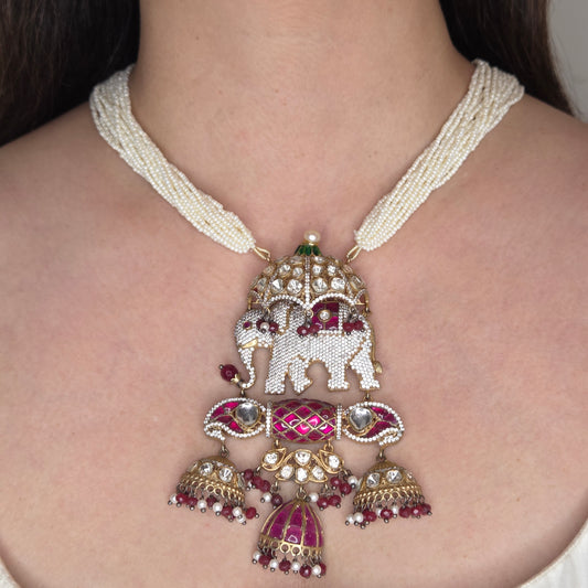Stone Studded Kundan Long Pearl Necklace Set
