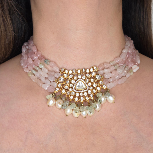 Pastel Pink Tumbled Stone Kundan Necklace Set