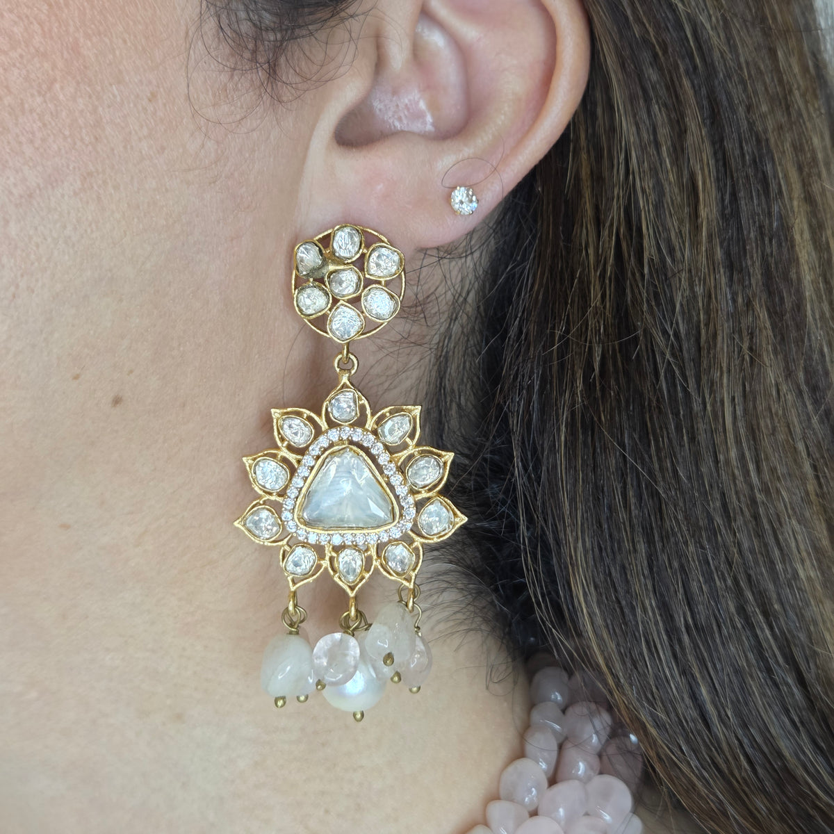 Pastel Pink Tumbled Stone Kundan Necklace Set