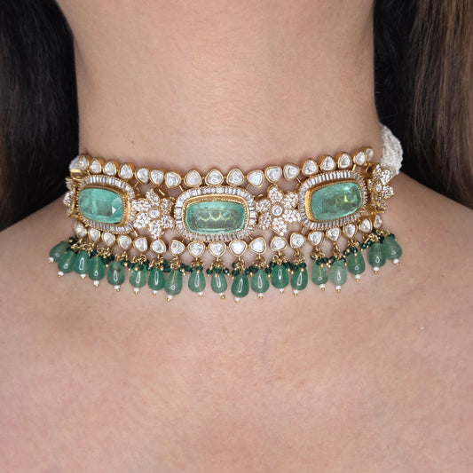 Gold Finish Jade Green Stone Utsav Kundan Choker Set with Pearl String