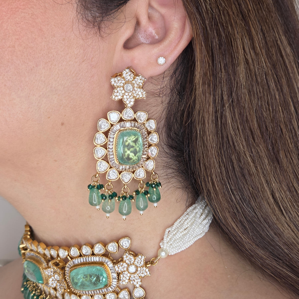 Gold Finish Jade Green Stone Utsav Kundan Choker Set with Pearl String