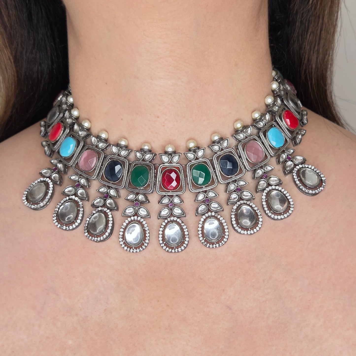 Black Rhodium Finish Multi Stone Necklace Set