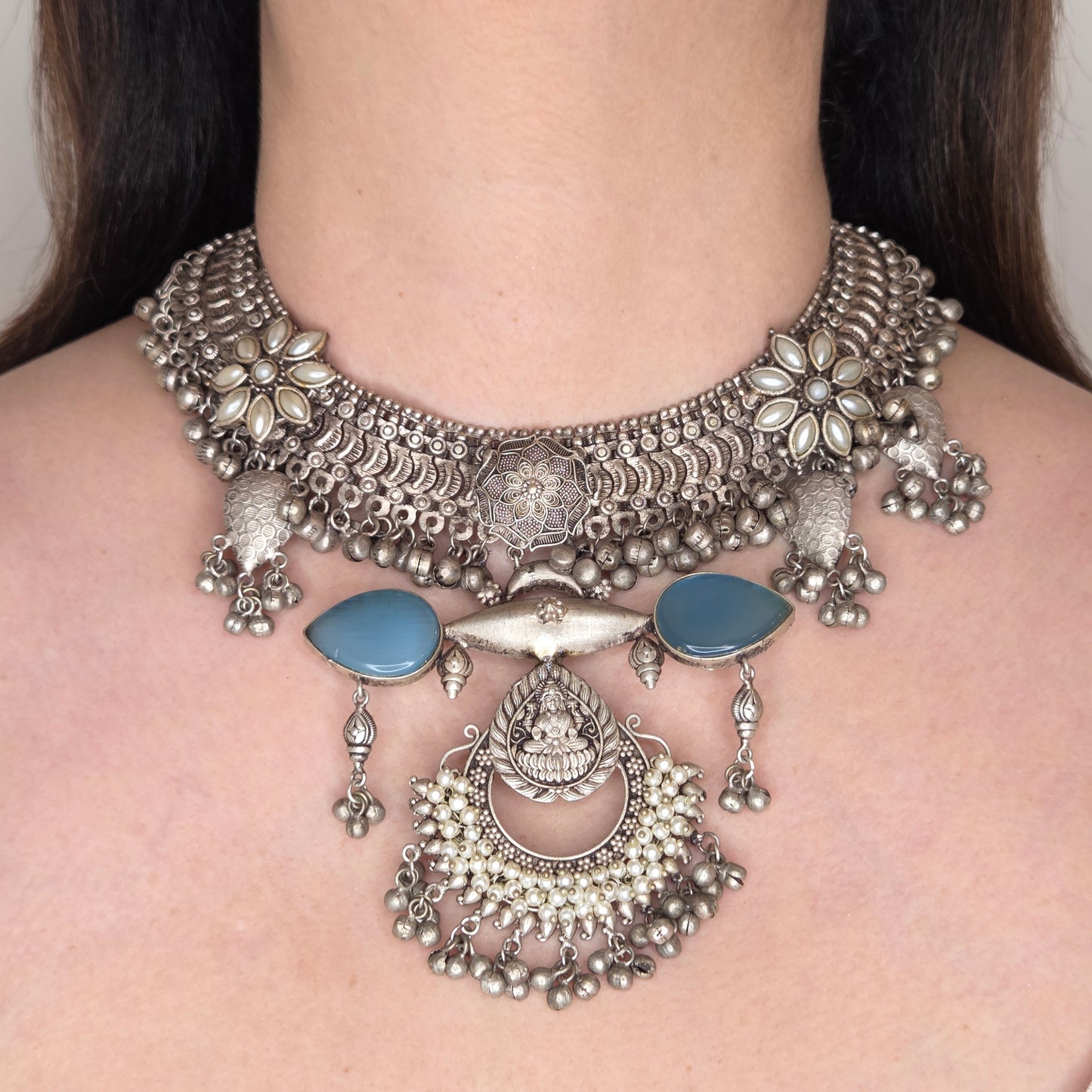 Oxidised Boohoo Necklace with Blue Stone Accents