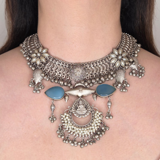 Oxidised Boohoo Necklace with Blue Stone Accents