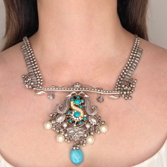 Oxidised Necklace Set with Turquoise Detailing
