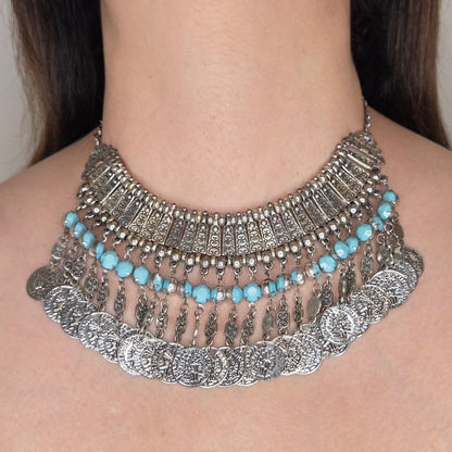 Oxidised Necklace with Coin Motifs and Turquoise Accents