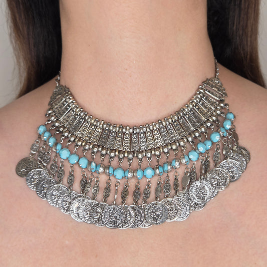 Oxidised Necklace with Coin Motifs and Turquoise Accents