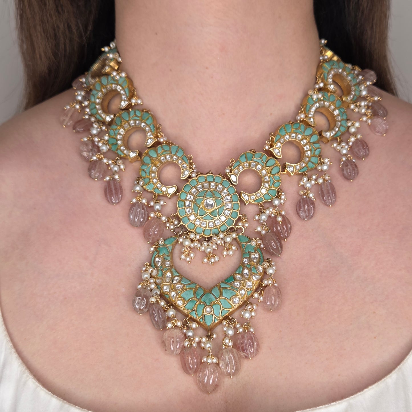 Statement Kundan Set with Sage Green Stones and Pink Beads
