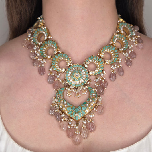 Statement Kundan Set with Sage Green Stones and Pink Beads