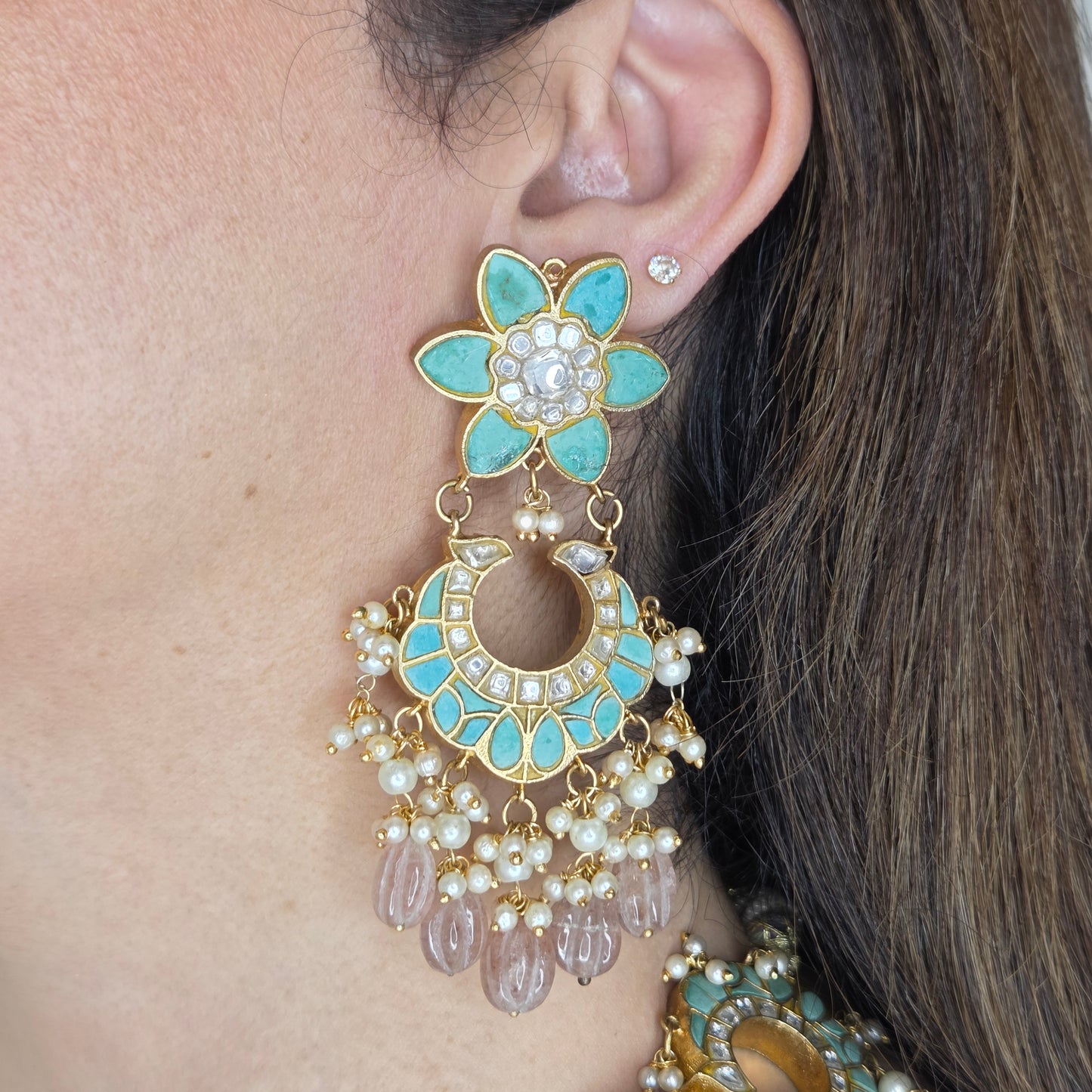Statement Kundan Set with Sage Green Stones and Pink Beads