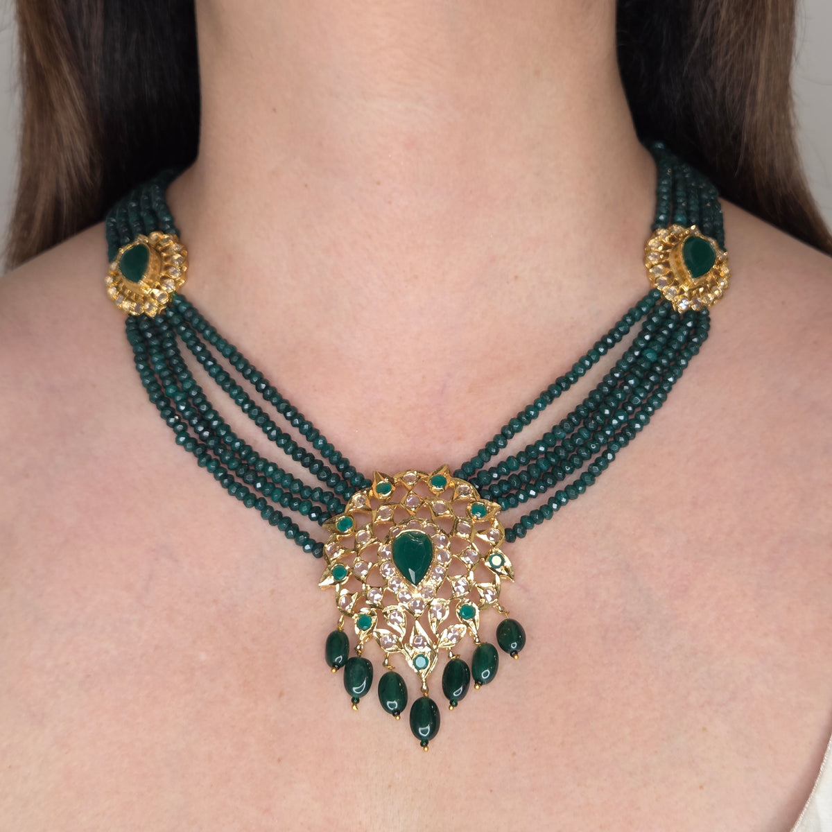 Hyderabadi Kundan Long Necklace Set with Green Beads