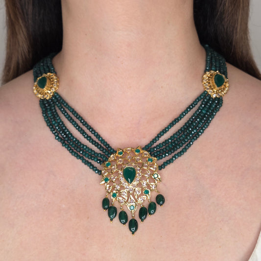 Hyderabadi Kundan Long Necklace Set with Green Beads
