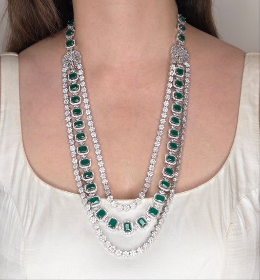 Three Layered Zircon Necklace Set with Green Stones