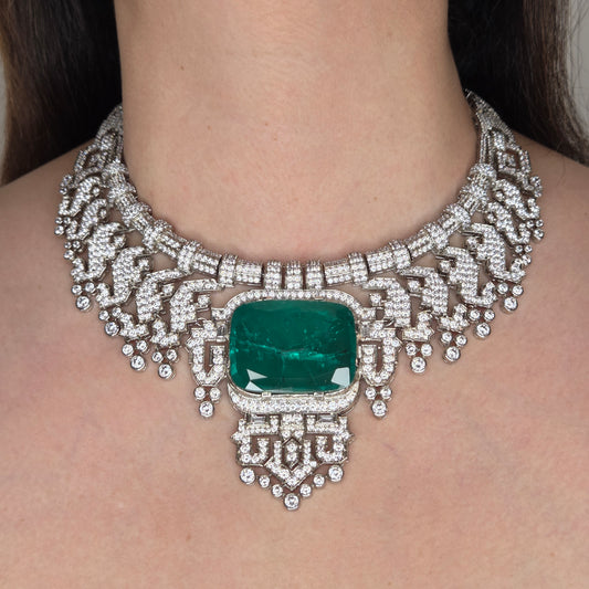 Special Cut Zircon With Chunky Green Center Stone Necklace Set