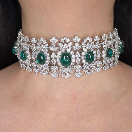 Green Floral Zircon Choker Necklace Set
