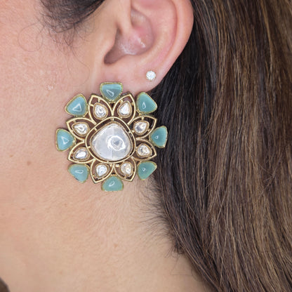 Aqua Stone Kundan Stud Earrings