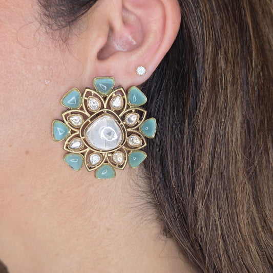 Aqua Stone Kundan Stud Earrings