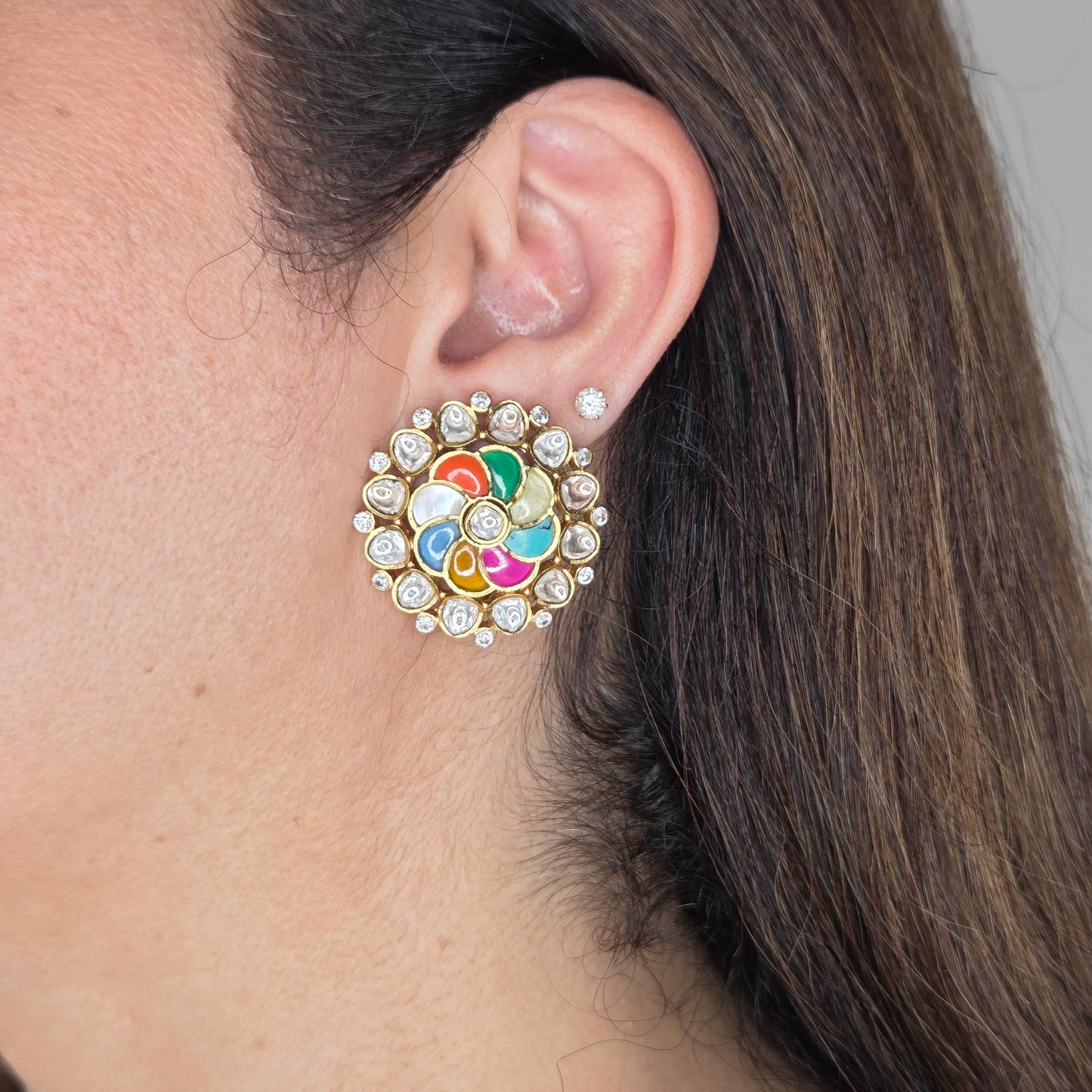Multicolour Kundan Floral Stud Earrings