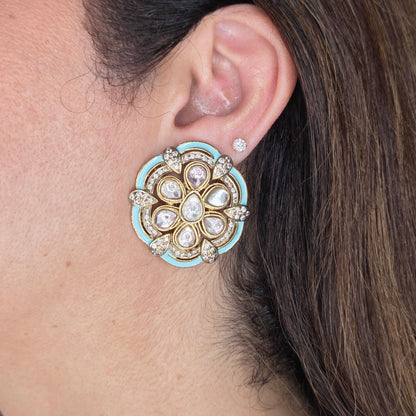 Turquoise Enamel Kundan Floral Stud Earrings