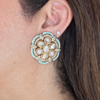 Turquoise Enamel Kundan Floral Stud Earrings