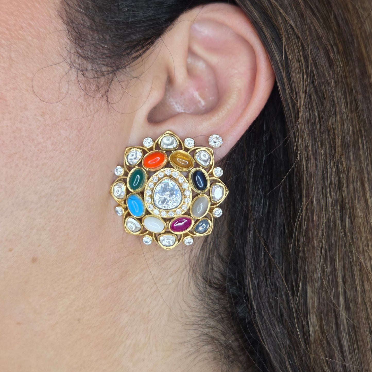 Multicolour Kundan Floral Stud Earrings