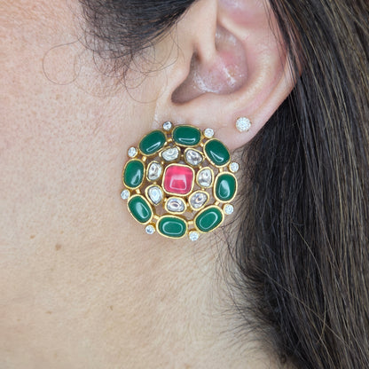 Green Pink Kundan Round Studs