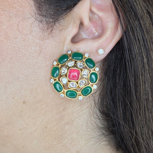 Green Pink Kundan Round Studs