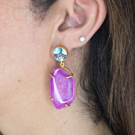 Magenta Agate Geode Drop Earrings