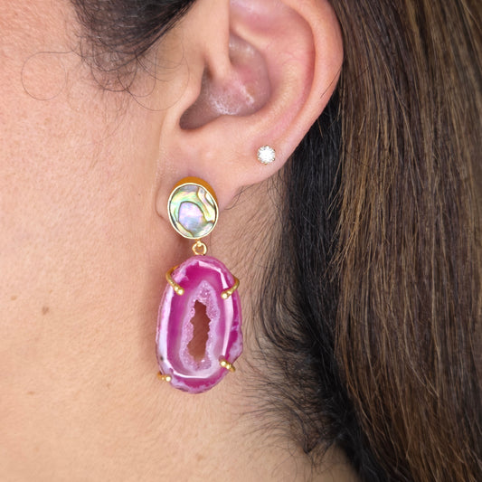 Magenta Agate & Abalone Drop Earrings