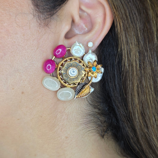 Pearl Ruby Floral Gold Stud Earrings