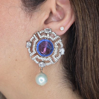 Zircon and Pearl Earrings with Bright Center Stone