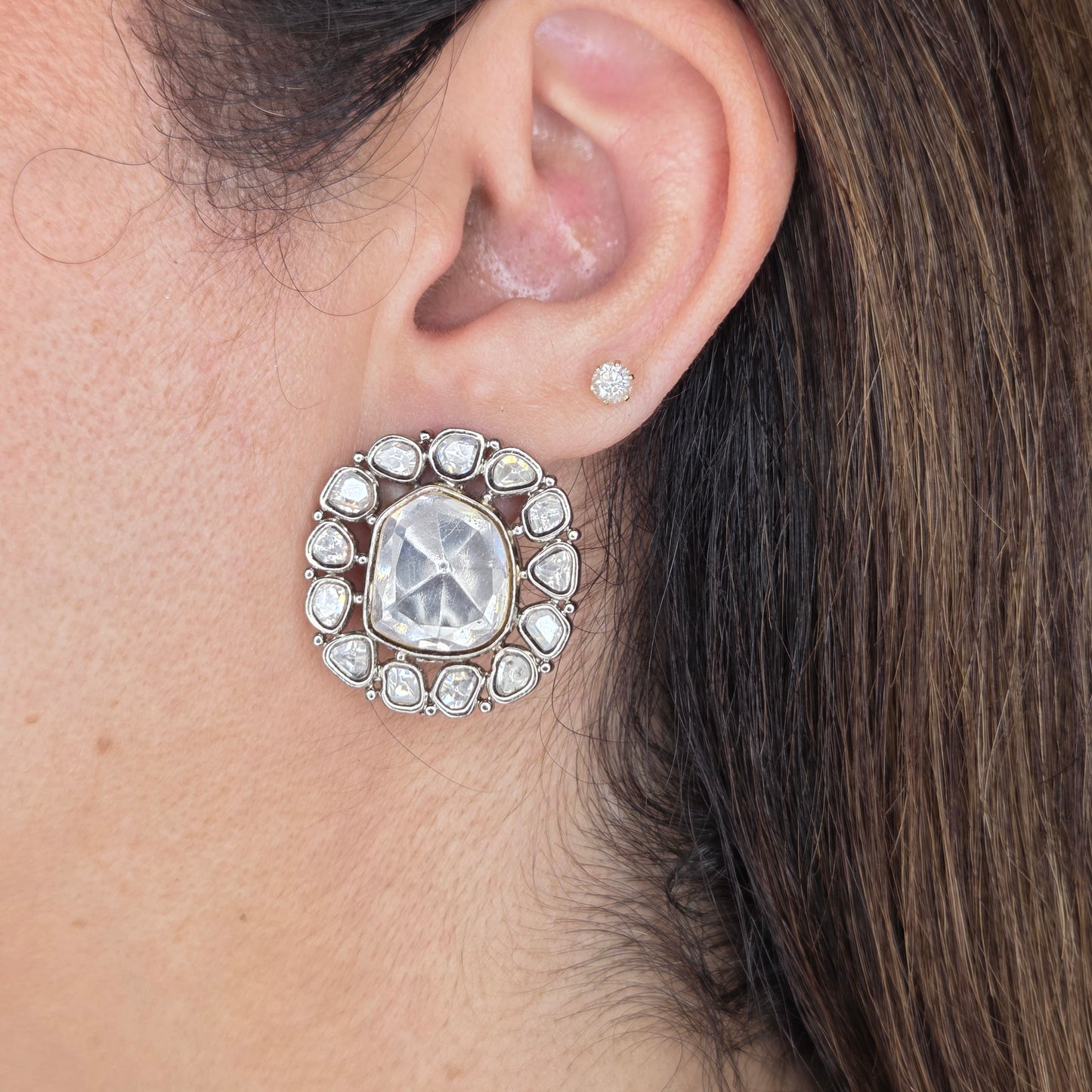 Silver Finish Kundan Round Halo Studs