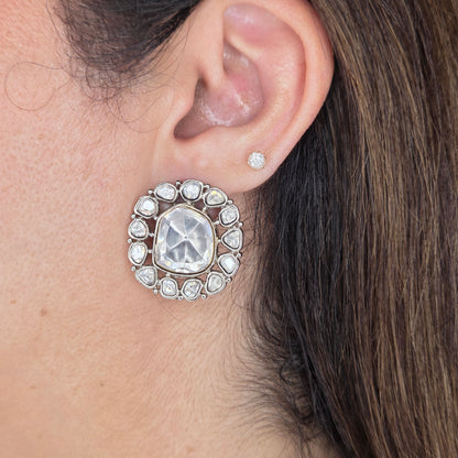 Silver Finish Kundan Round Halo Studs