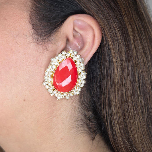 Red Teardrop Stone & Pearl Cluster Stud Earrings