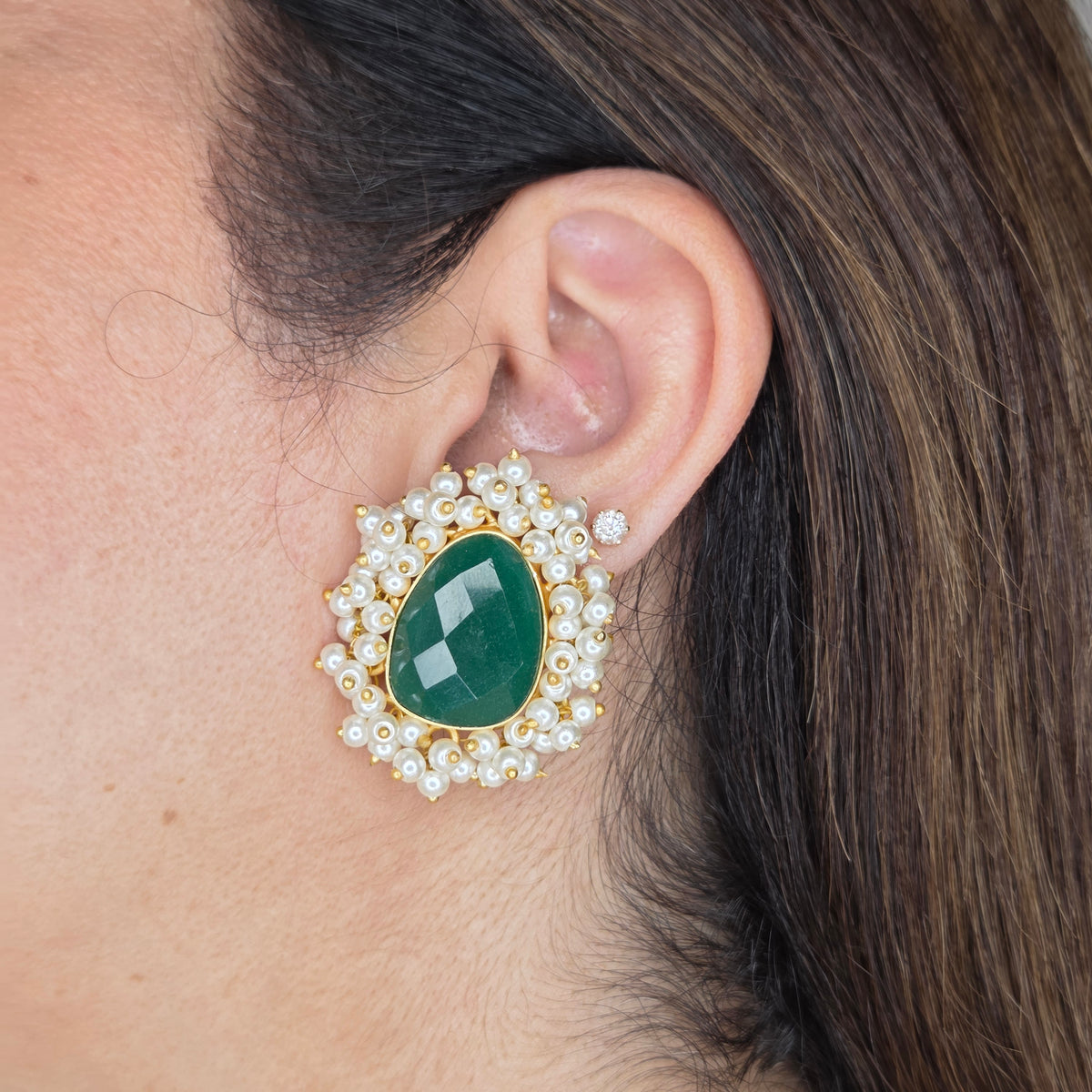 Emerald & Pearl Cluster Stud Earrings