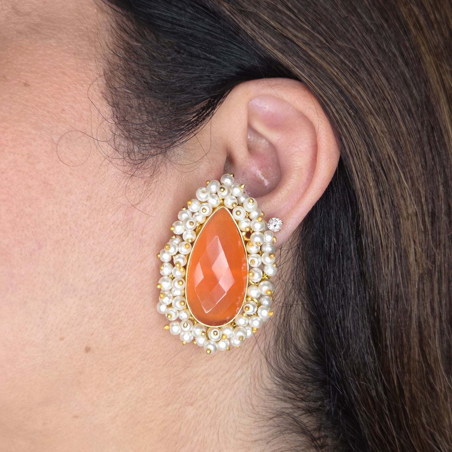 Coral Stone & Pearl Cluster Stud Earrings