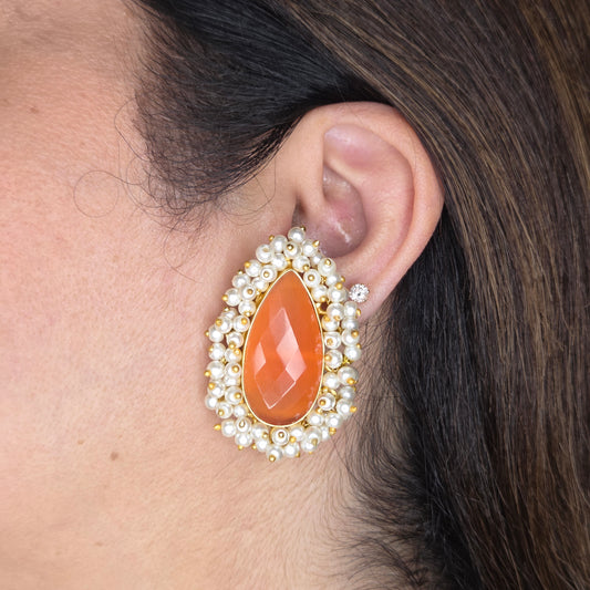 Coral Stone & Pearl Cluster Stud Earrings