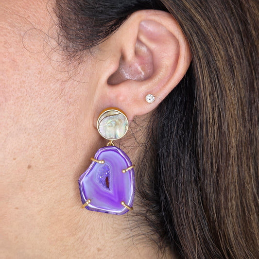Purple Agate Slice Gold Drop Earrings
